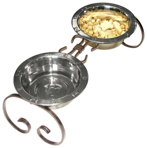 wrought iron elevated dog food feeder diner made from hand forged iron and is available in black, hammered silver or copper