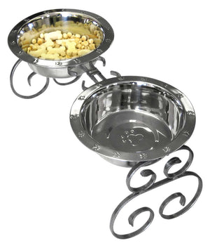 These 10" wrought iron elevated dog food feeders - diners come with two 2 quart stainless steel dog bowls