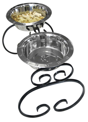 wrought iron elevated dog food feeders - diners with two 3 quart stainless steel bowls.