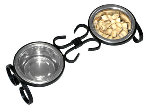 wrought iron elevated dog food feeder - diner comes with two 1 pint stainless steel dog food bowls